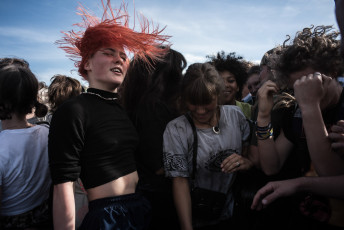 A group of activists from Fridays For Future and Extinction Rebellion celebrate together the end  of the Third Climate Strike at the Plaine de Plainpalais. Geneva, September 27, 2019.
